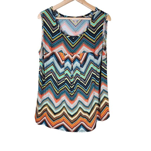 ROZ & ALI Orange Green Blue Chevron Southwestern Design Sleeveless Top SZ 1X - Picture 1 of 8